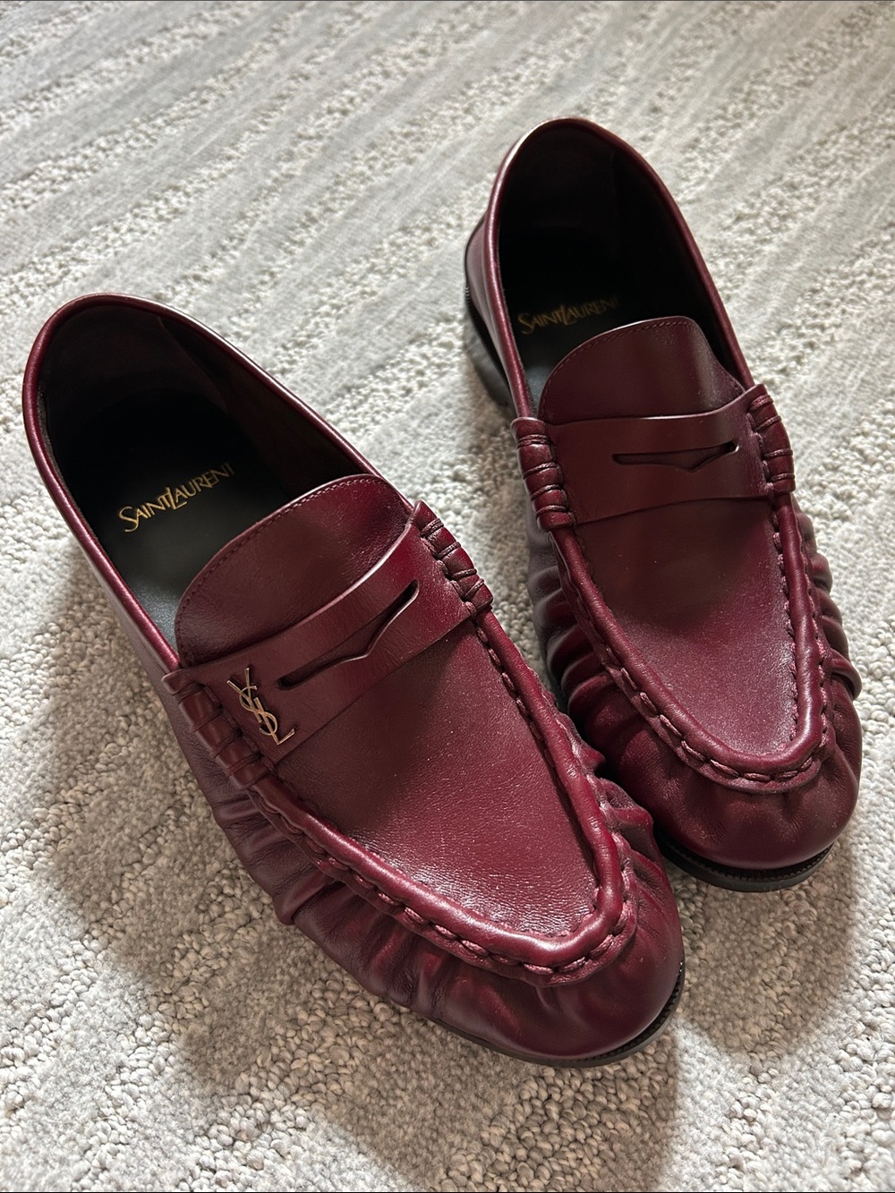 Saint Laurent Men's Wine Burgundy Leather Penny Loafers